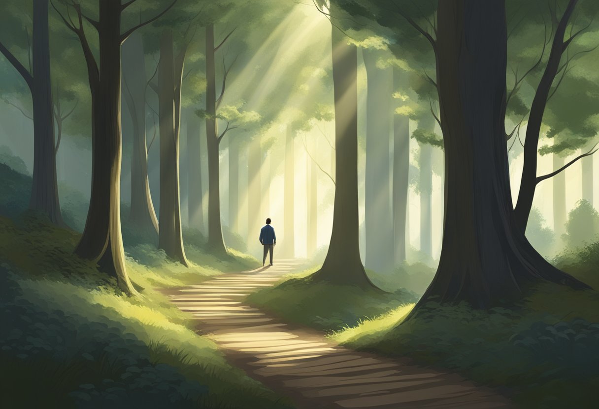 A serene forest clearing with beams of light breaking through the trees, illuminating a path. A figure stands at the edge, facing a dark, twisting path, with a sense of determination and hope