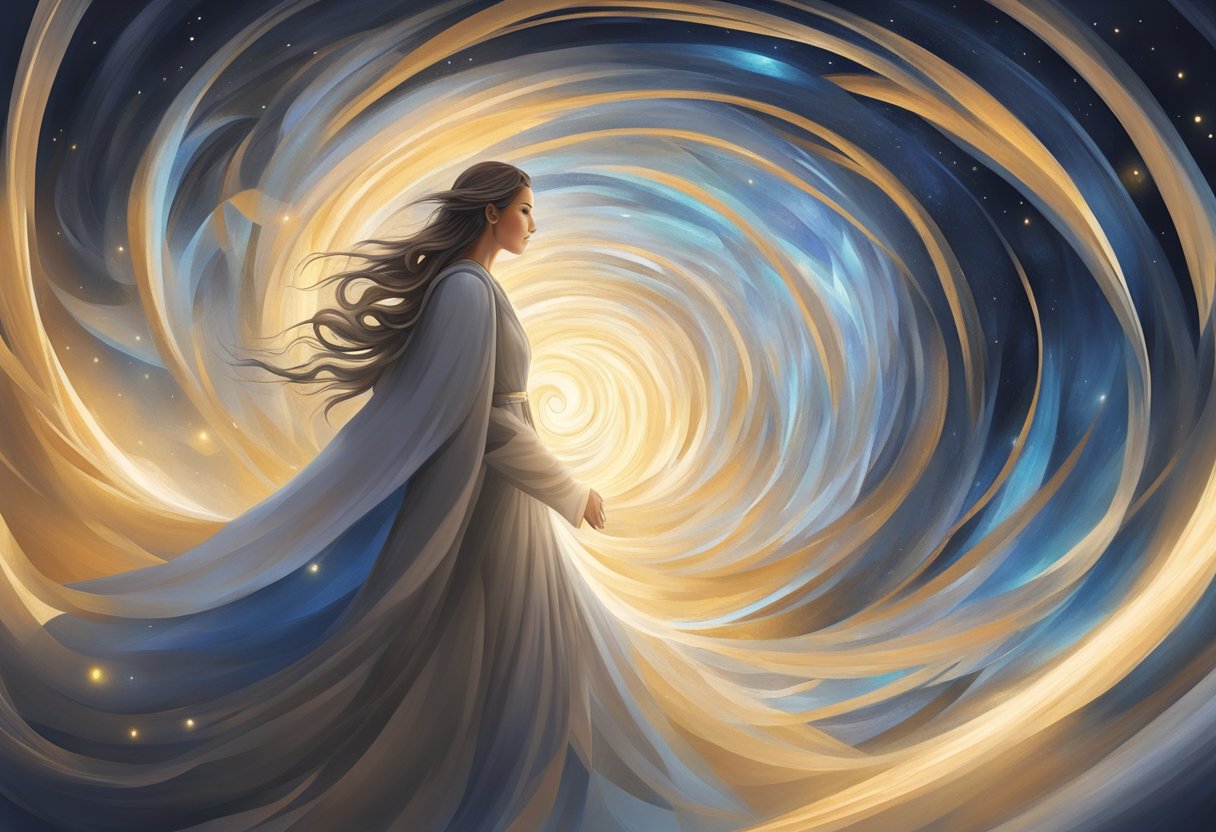 A serene figure resists a dark, swirling vortex, surrounded by beams of light and symbols of strength and faith