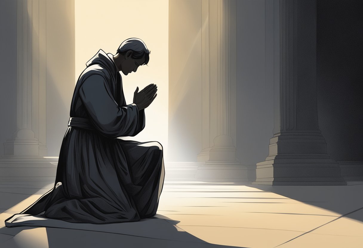 A figure kneels in a beam of light, surrounded by dark shadows. Their head is bowed in prayer, with a sense of determination and resolve in their posture