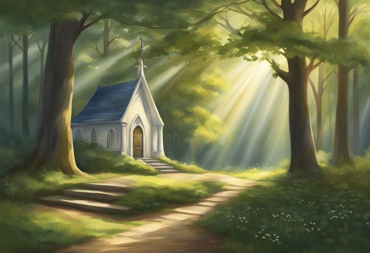 A serene woodland clearing with a beam of light shining through the trees, illuminating a well-worn path leading to a small, peaceful chapel nestled among the greenery