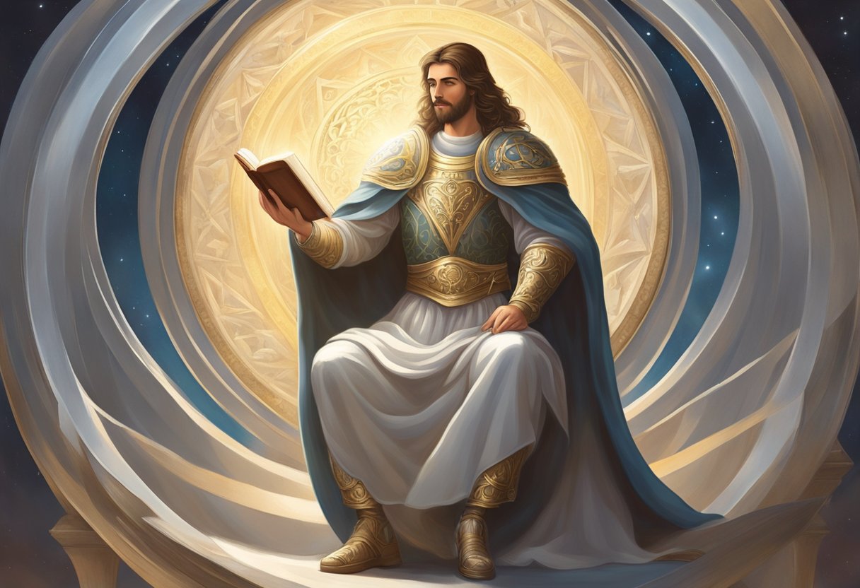 A serene figure resists temptation, surrounded by a halo of light. A book of prayers and a shield symbolize strength and protection