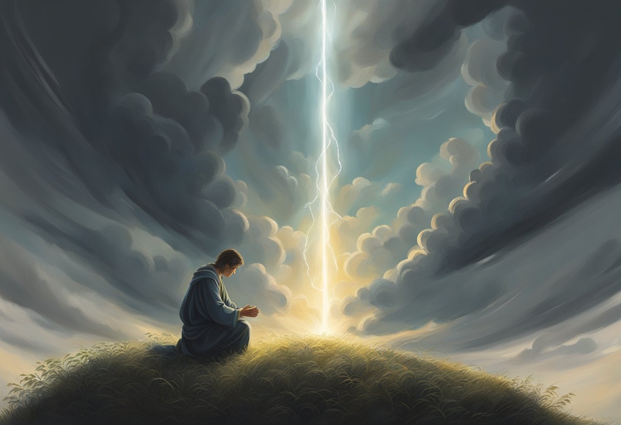 A figure kneels in prayer, surrounded by soft light. Above, dark clouds part to reveal a ray of hope. Below, a tangled thicket symbolizes the struggle against temptation and sin