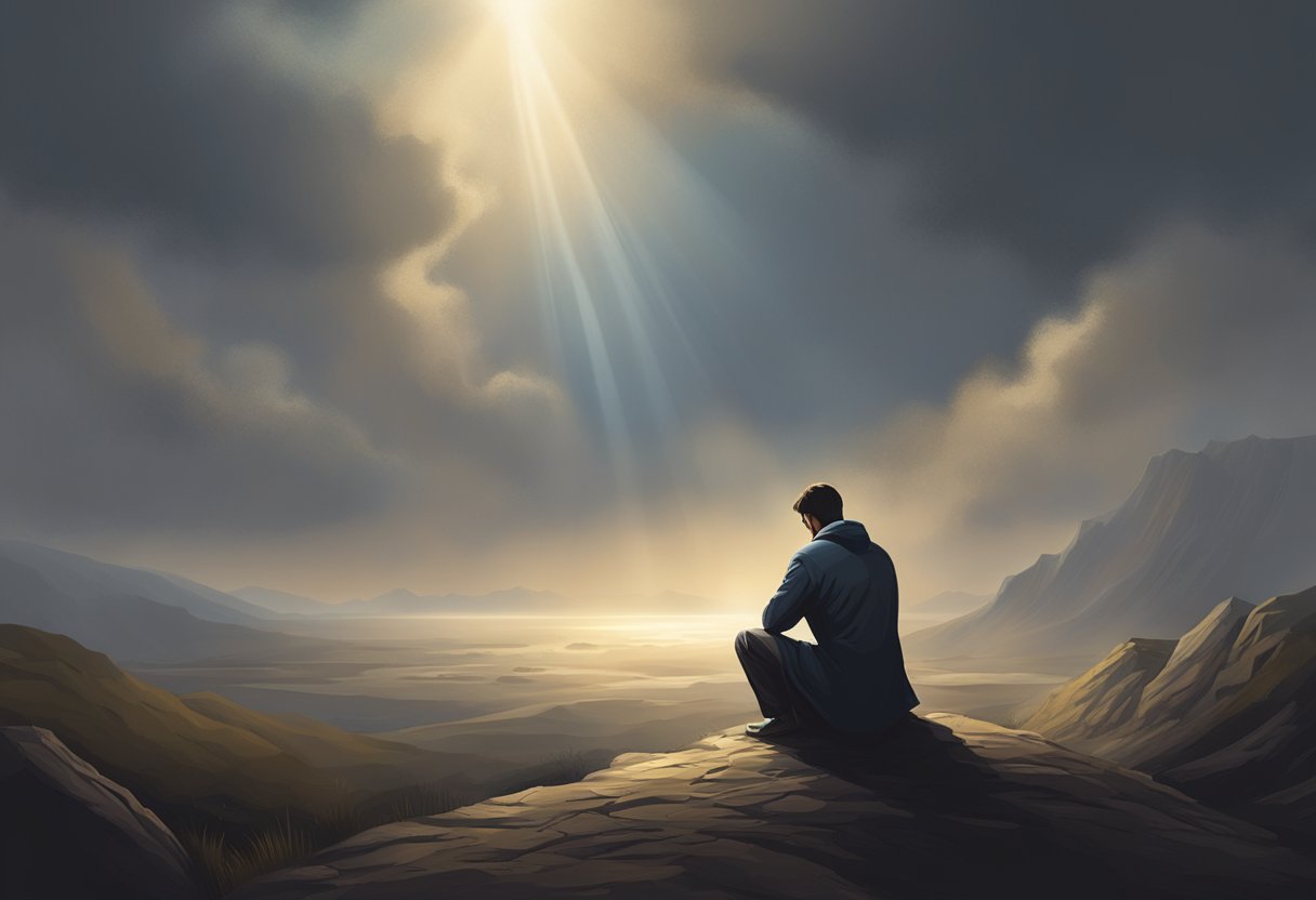 A figure kneels in a dark, barren landscape, head bowed in prayer. Light breaks through the clouds above, symbolizing hope and strength
