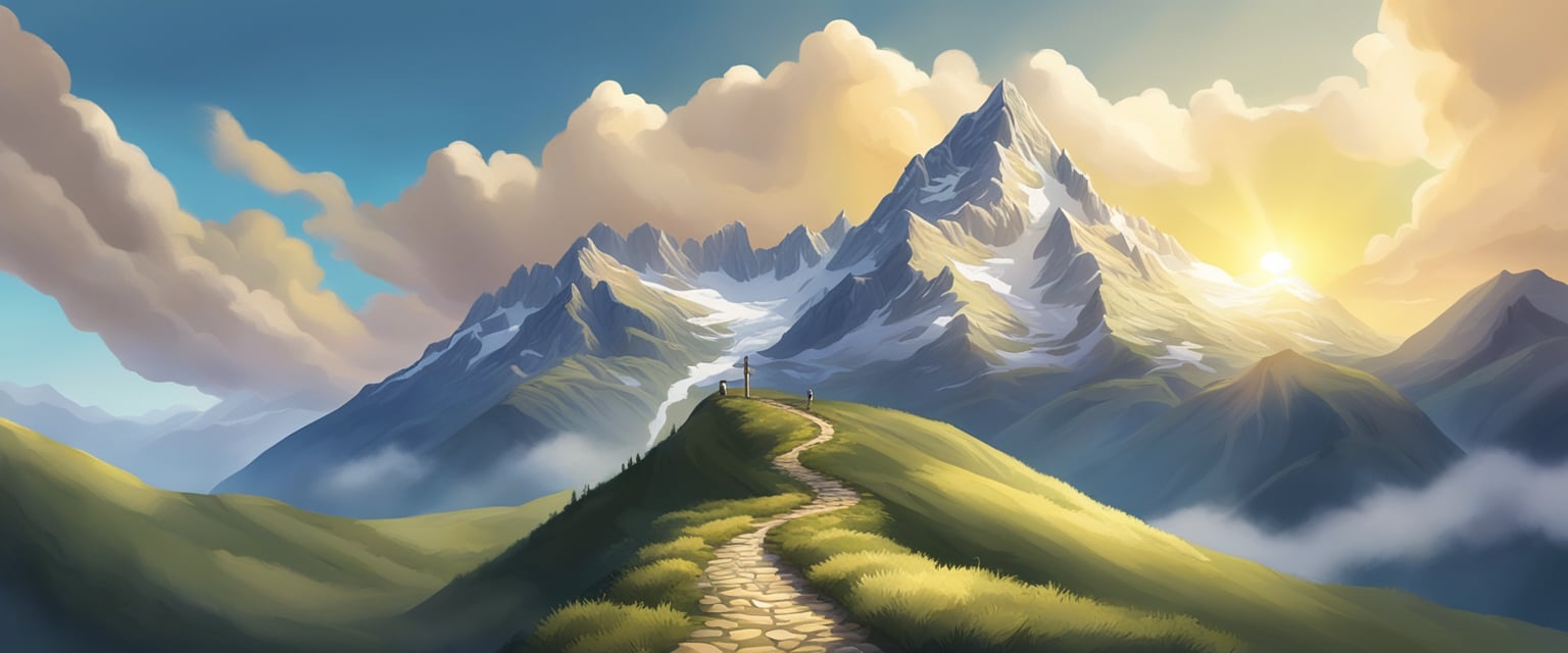 A mountain peak being reached by a winding path, surrounded by clouds and sunlight breaking through