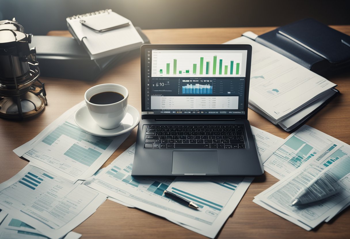 A table with a laptop, notebook, and pen. A stack of money and a graph showing profit growth. A lightbulb symbolizing ideas