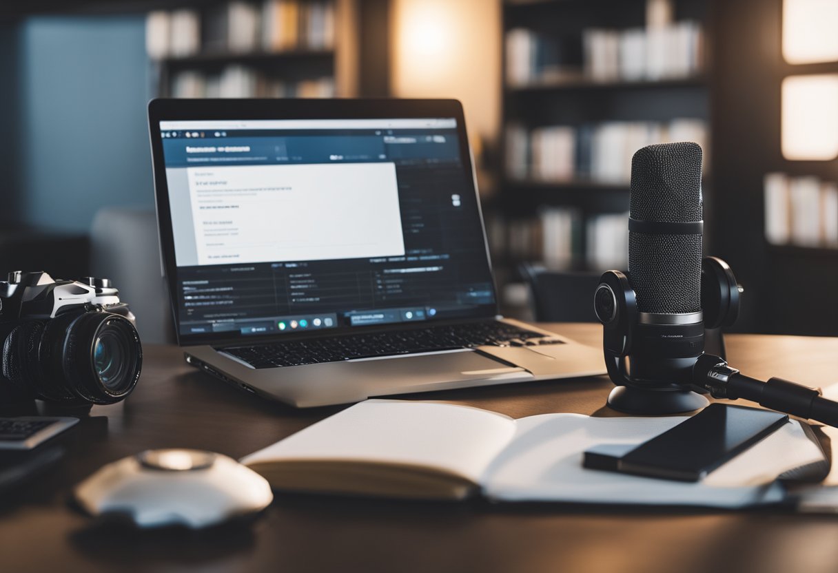 A desk with a laptop, microphone, camera, and notepad. A stack of books on content creation and monetization. A dollar sign symbolizing profit potential