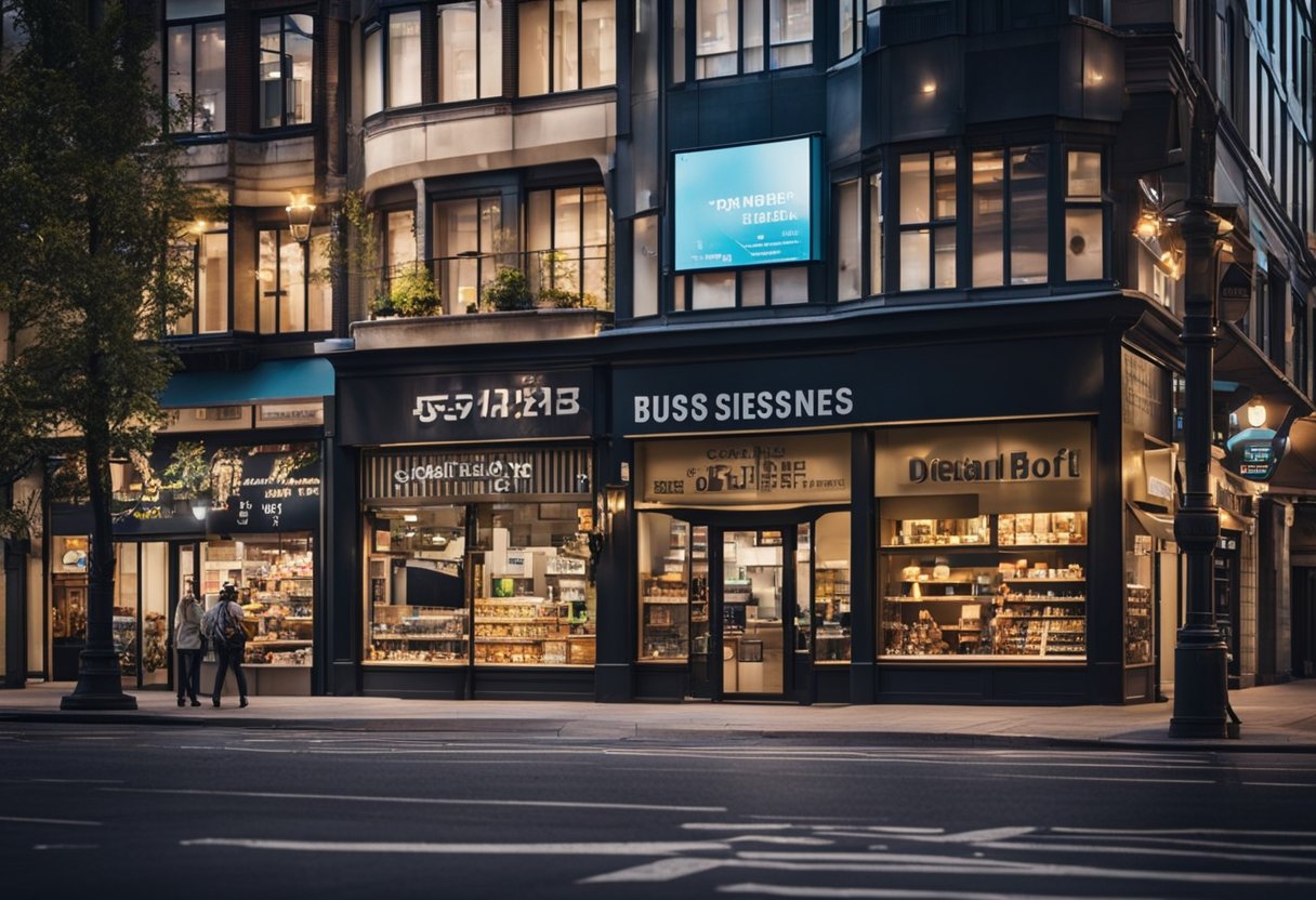 A bustling city street with various storefronts offering local services and outsourcing options. Signs advertise low-cost business ideas with high profit potential