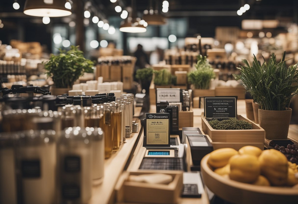 A bustling marketplace with eco-friendly products and services on display, including reusable straws, organic skincare, solar panels, and electric vehicles