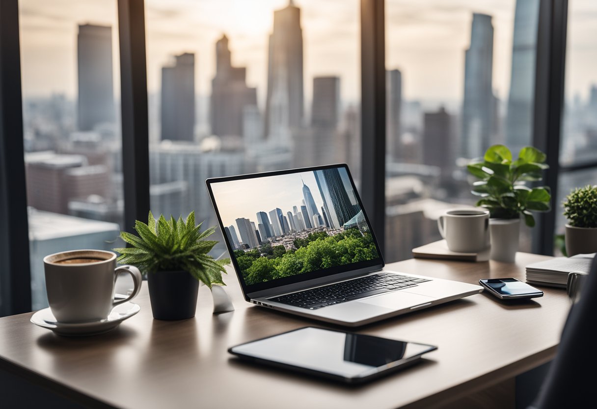 A modern office setup with a laptop, smartphone, tablet, and coffee mug on a desk, surrounded by plants and a window with a cityscape view