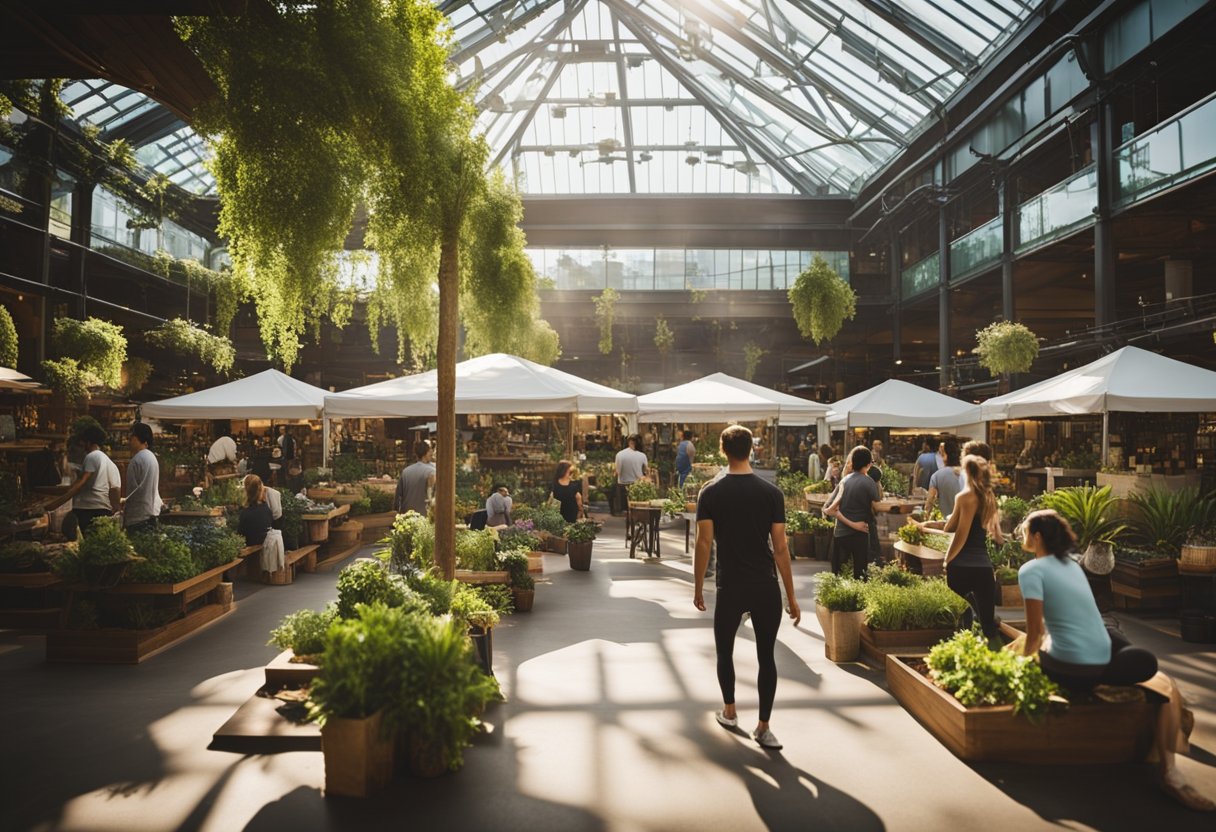 A bustling health and wellness market with yoga studios, organic cafes, holistic spas, and fitness centers. The scene is filled with vibrant colors, lush greenery, and people engaging in various wellness activities