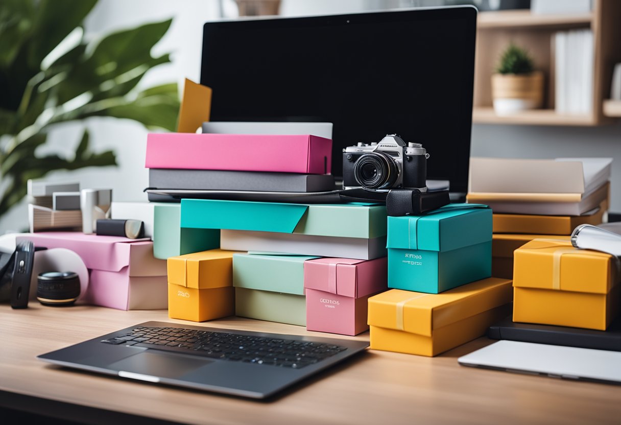 A stack of colorful subscription boxes arranged in a trendy, modern setting with a sleek laptop and stylish office supplies