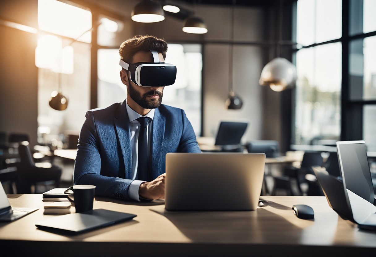 A modern entrepreneur surrounded by educational technology and e-learning tools, with a laptop, tablet, smartphone, and virtual reality headset on a desk