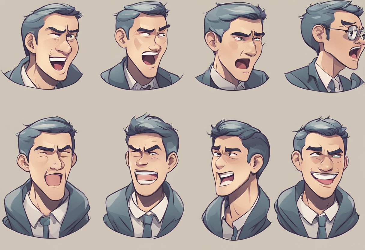 A character with a range of emotions, from joy to anger, displayed on their face