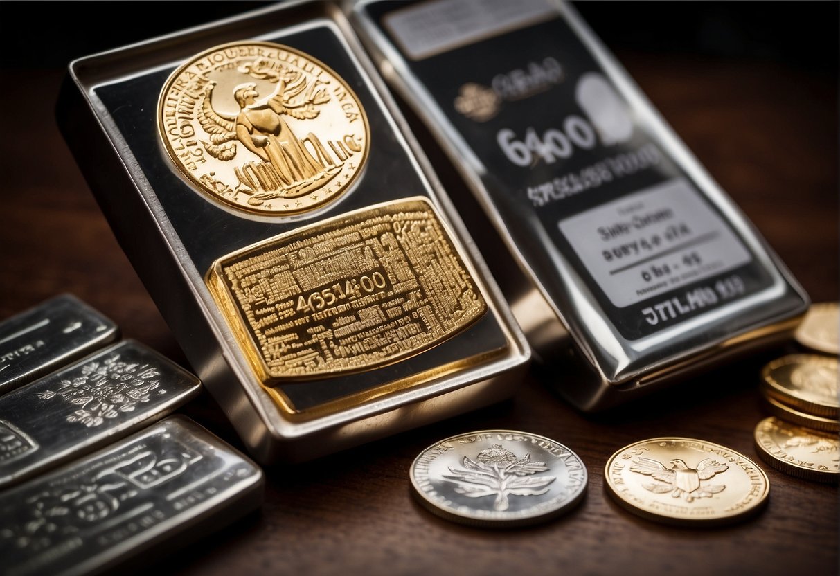 A display of physical precious metals, such as gold and silver bars and coins, next to a chart or graph representing ETF performance