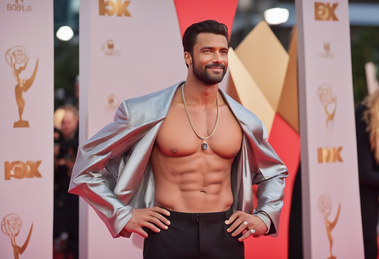 Celebrities with gynecomastia pose confidently on a red carpet