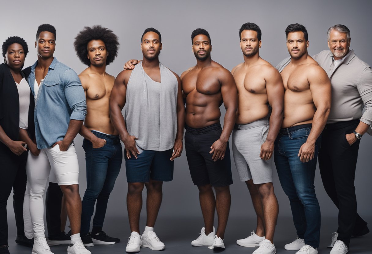 A group of celebrities with gynecomastia standing confidently, embracing their bodies, and raising awareness