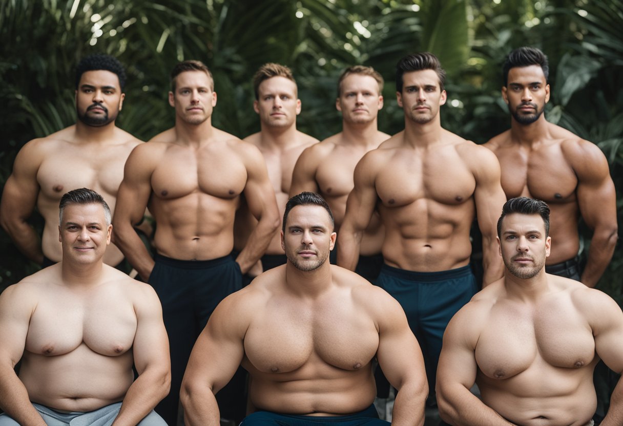 A group of famous figures with gynecomastia stand confidently together, showcasing their unique and diverse identities