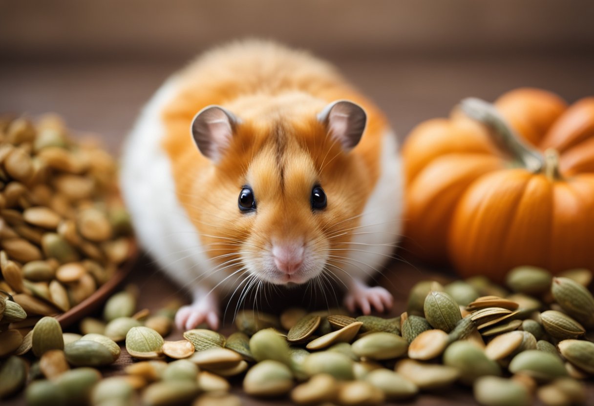 A hamster eagerly nibbles on pumpkin seeds, scattered on its bedding