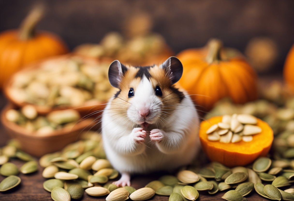 A hamster happily munches on pumpkin seeds, showcasing their nutritional benefits for small rodents