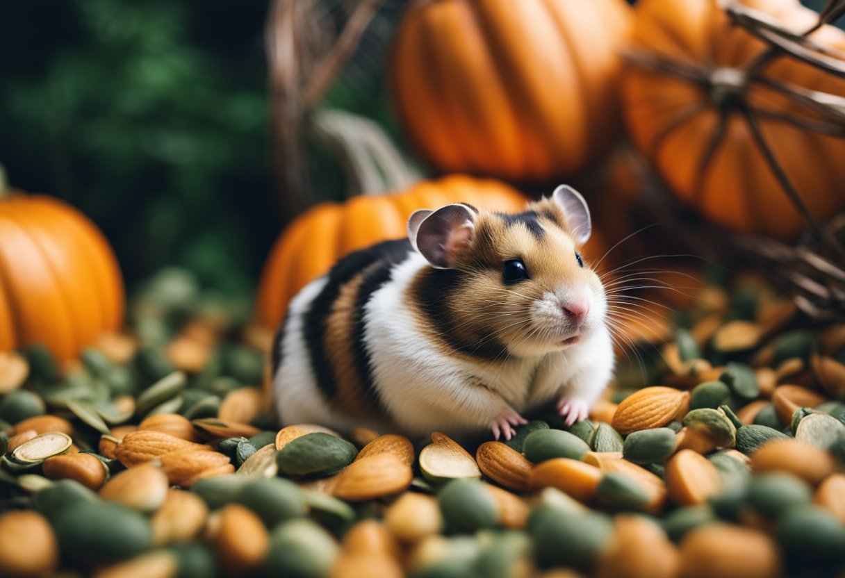 Hamsters nibble on pumpkin seeds, scattered in their cage