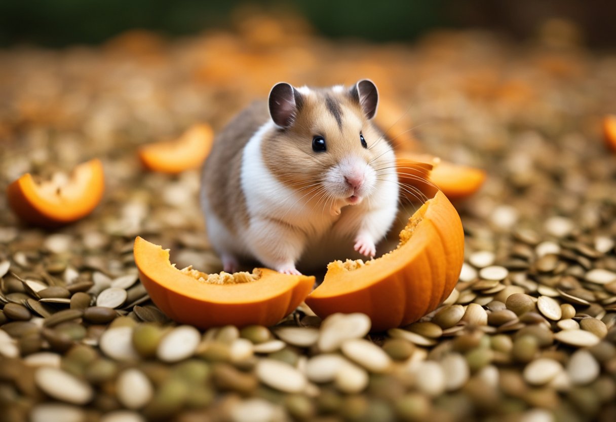 A hamster surrounded by pumpkin seeds, some scattered on the ground, while it nibbles on one