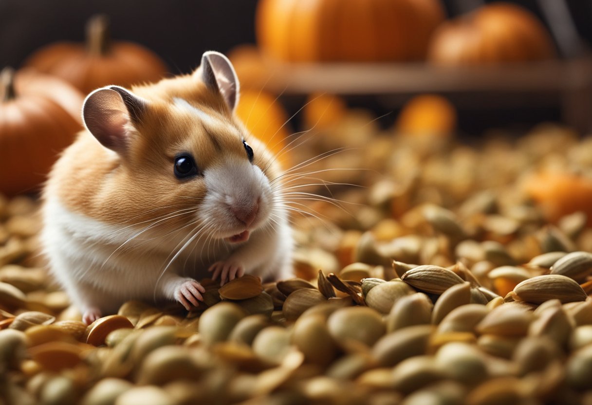 A hamster sniffs at a pile of pumpkin seeds, its whiskers twitching with curiosity