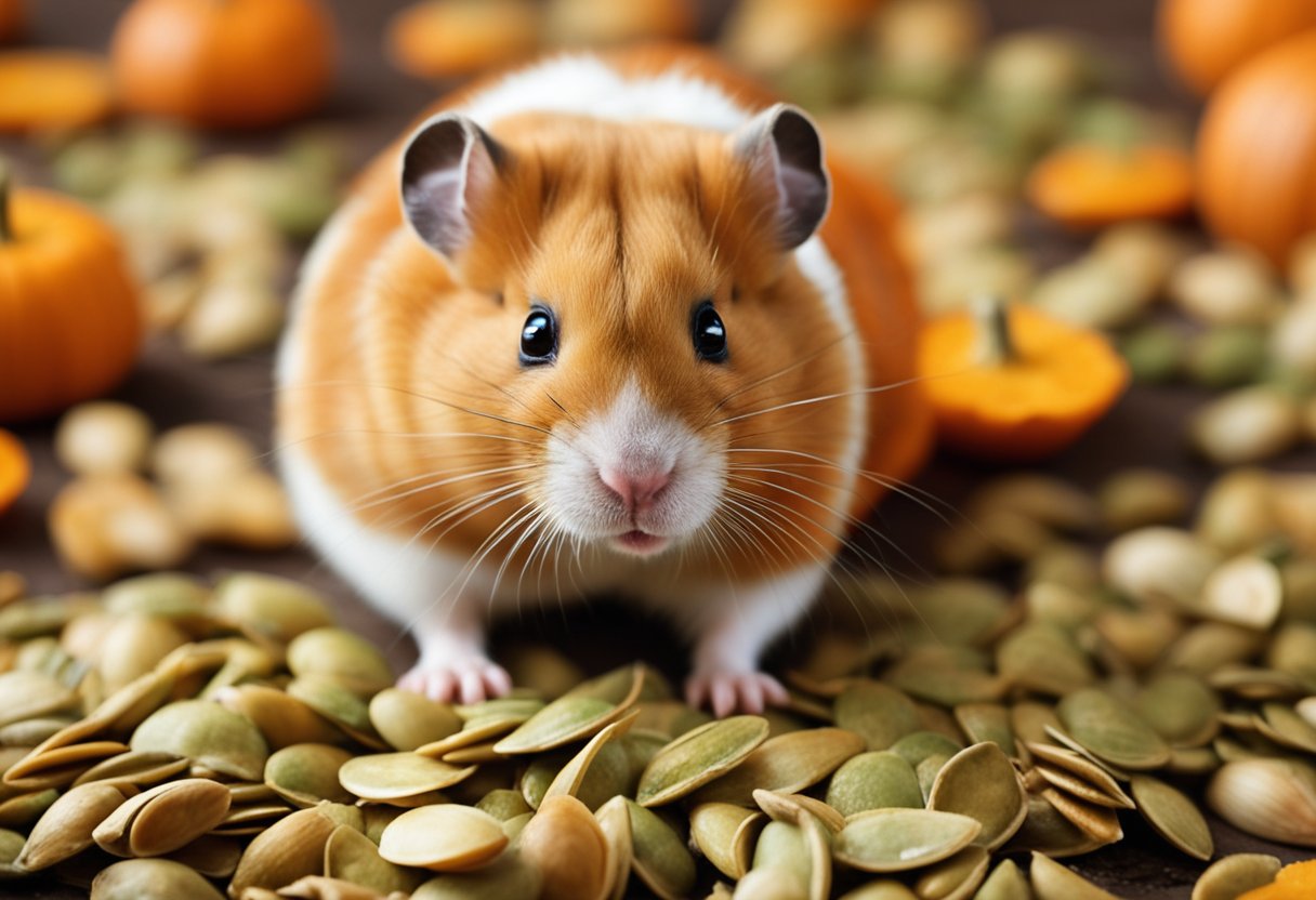 A hamster eagerly munches on pumpkin seeds, surrounded by scattered shells and a curious expression