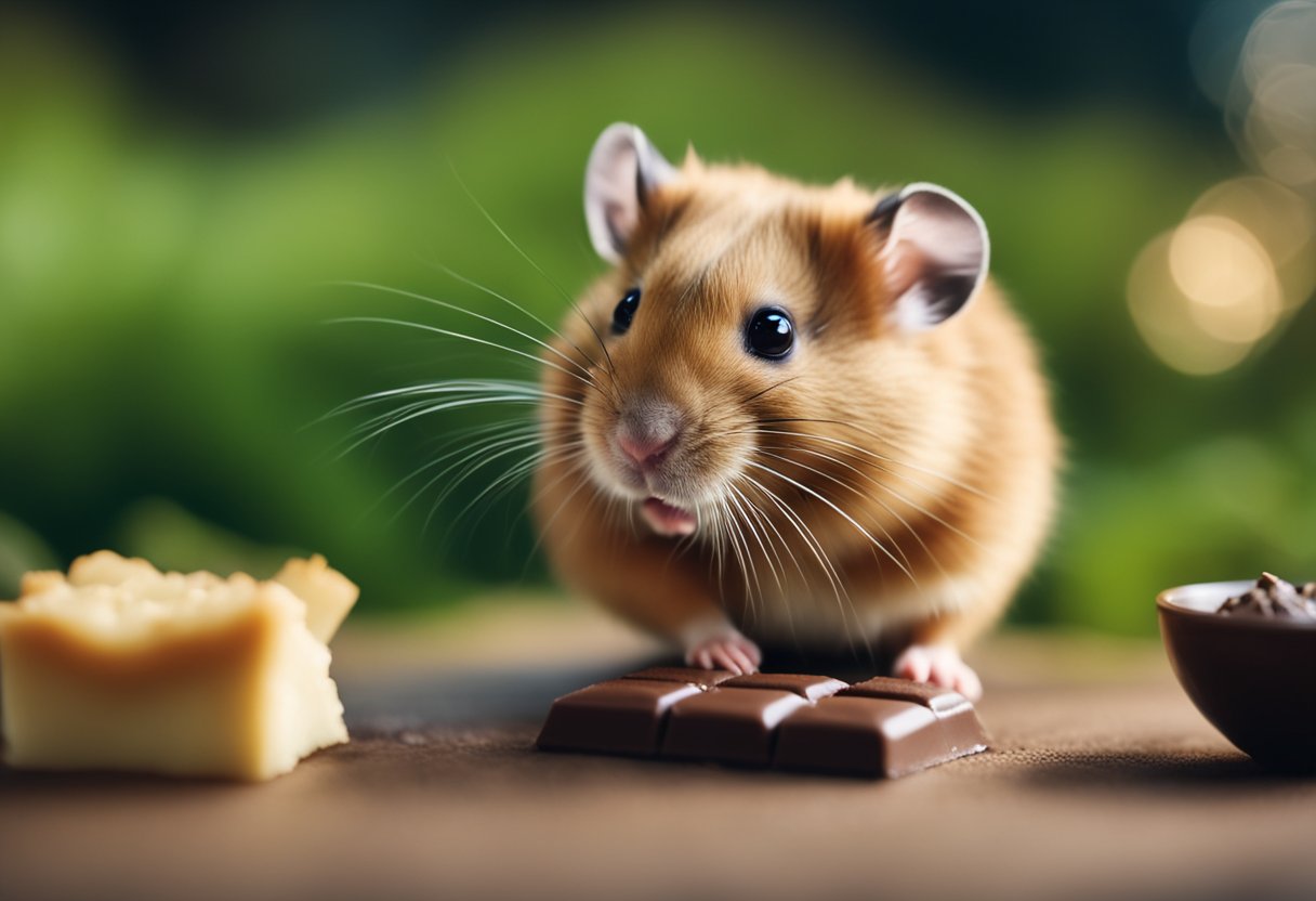 A hamster cautiously sniffs a piece of chocolate, its whiskers twitching with curiosity