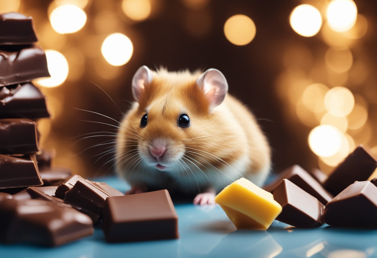 A hamster sits near a pile of chocolate, looking curious but cautious. A warning sign with a crossed-out chocolate bar is visible nearby