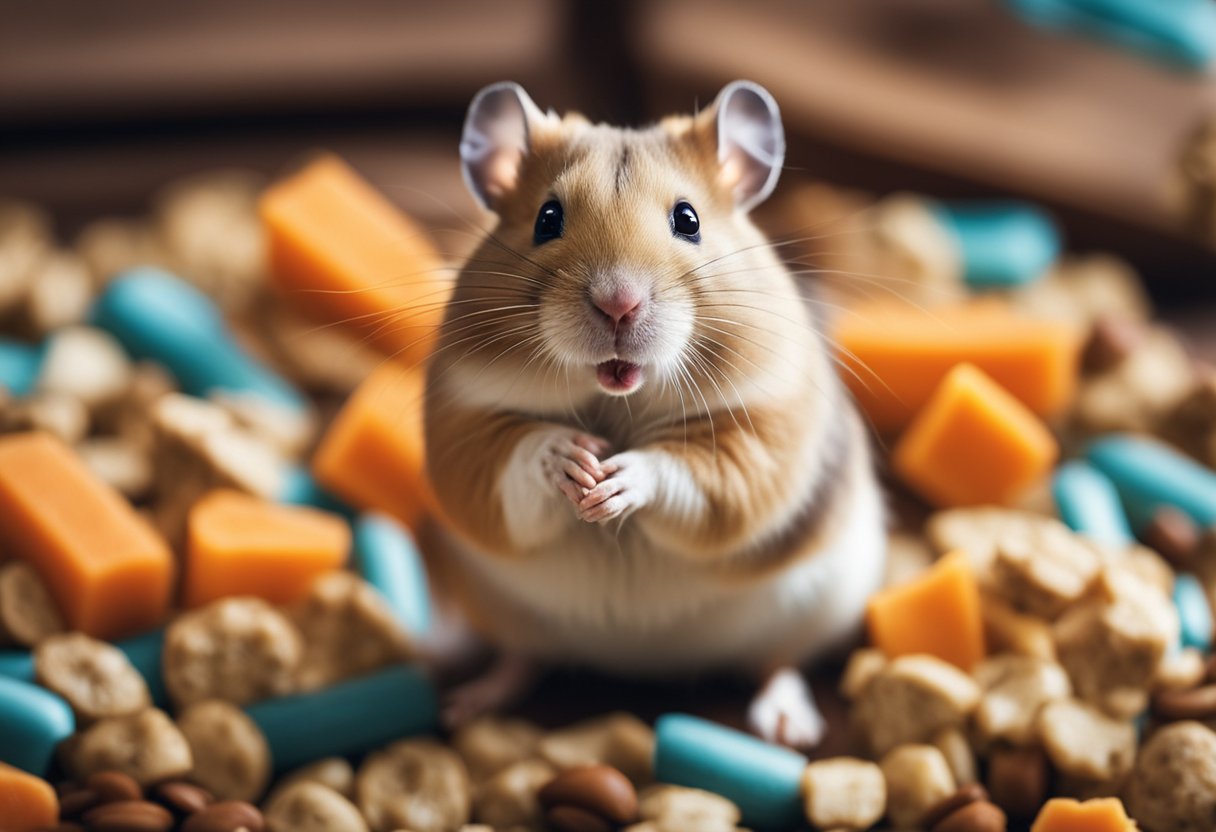 A hamster surrounded by safe treats like carrots, apples, and sunflower seeds, with a clear "No Chocolate" sign