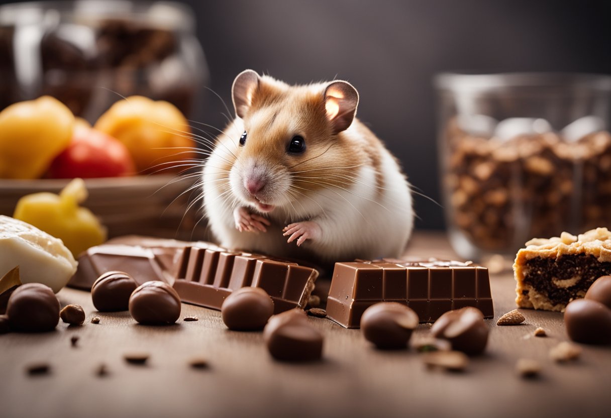 A hamster surrounded by various food items, with a prominent chocolate bar in the foreground