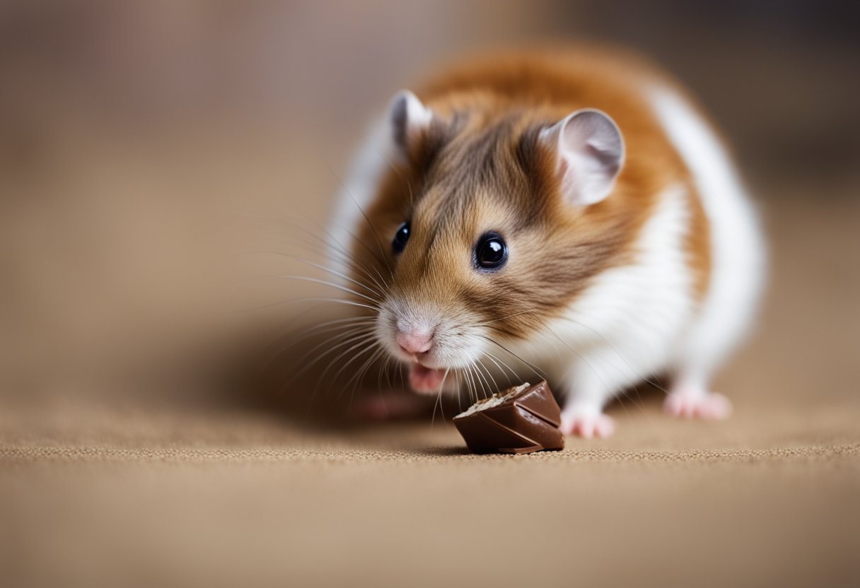 A hamster sniffs a piece of chocolate, hesitates, then nibbles cautiously