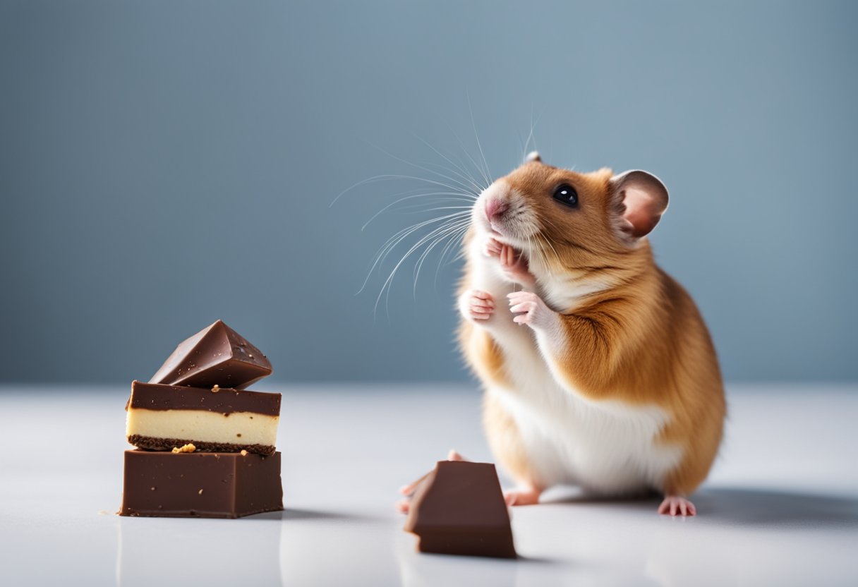 A curious hamster sniffs a piece of chocolate, while a question mark hovers above its head