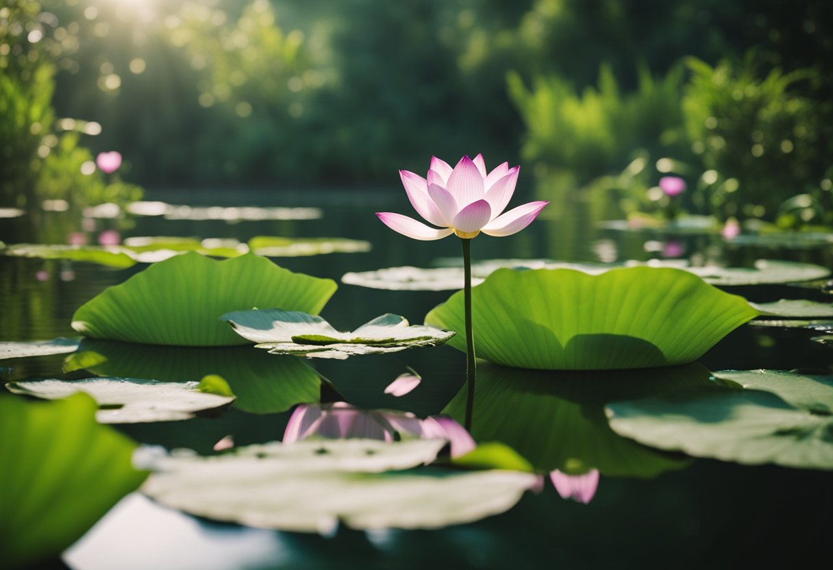 A serene landscape with a blooming lotus pond surrounded by medicinal herbs and plants, symbolizing the holistic approach of Ayurvedic treatment for lung cancer
