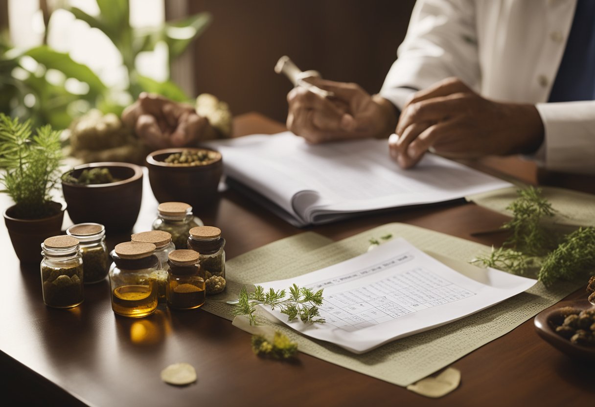 An ayurvedic practitioner prepares herbal remedies for lung cancer treatment. A patient's chart and research papers are scattered on the desk