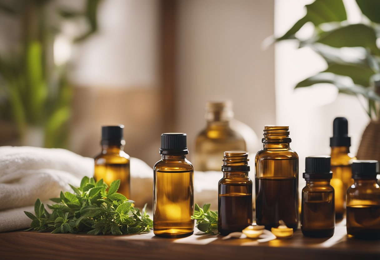 A serene clinic room with Ayurvedic herbs and oils displayed, a practitioner consulting with a patient, and soothing music playing in the background