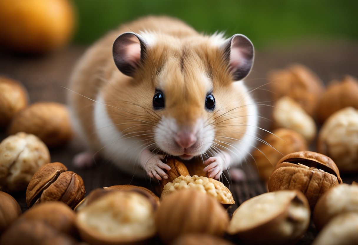 A hamster eagerly nibbles on a walnut, its tiny paws holding the shell as it gnaws on the tasty treat