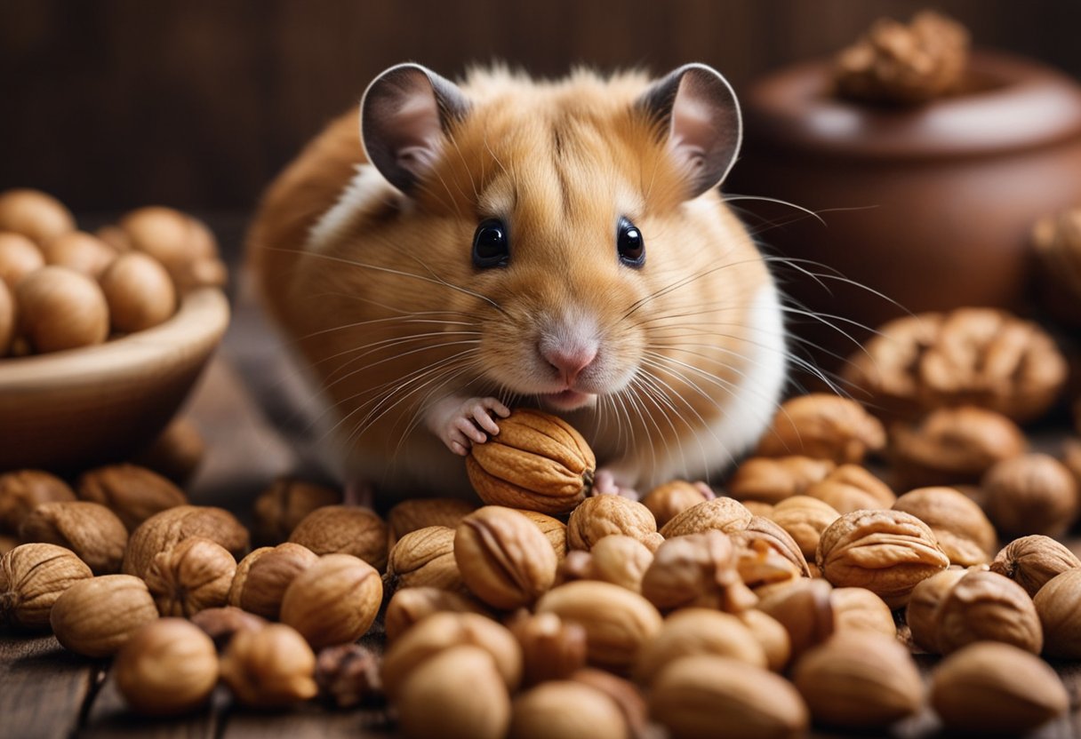A hamster sits beside a pile of walnuts, sniffing them with curiosity. The nutritional profile of walnuts is displayed nearby