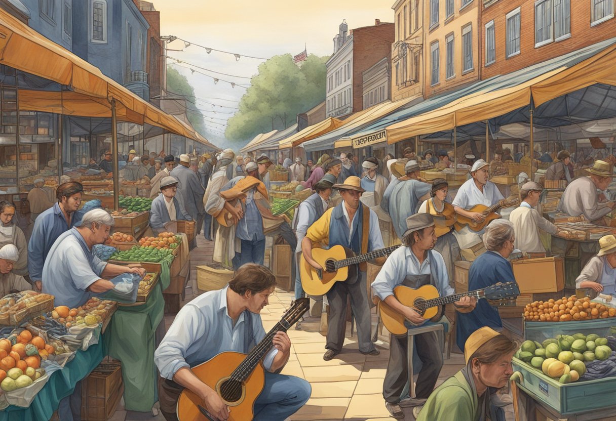 A bustling market scene with prominent guitar manufacturers