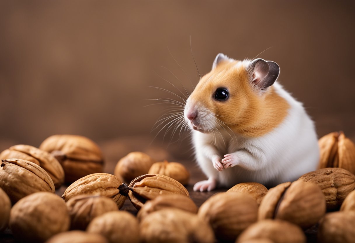 A hamster sitting next to a pile of walnuts, looking up inquisitively