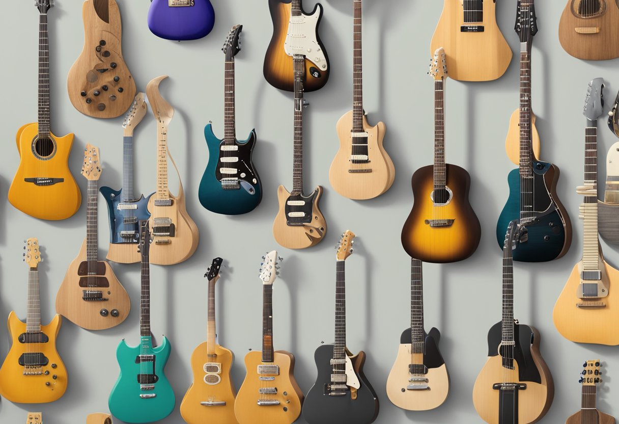 A lineup of guitar manufacturers, showcasing innovation and sustainability. Various guitar models and materials on display
