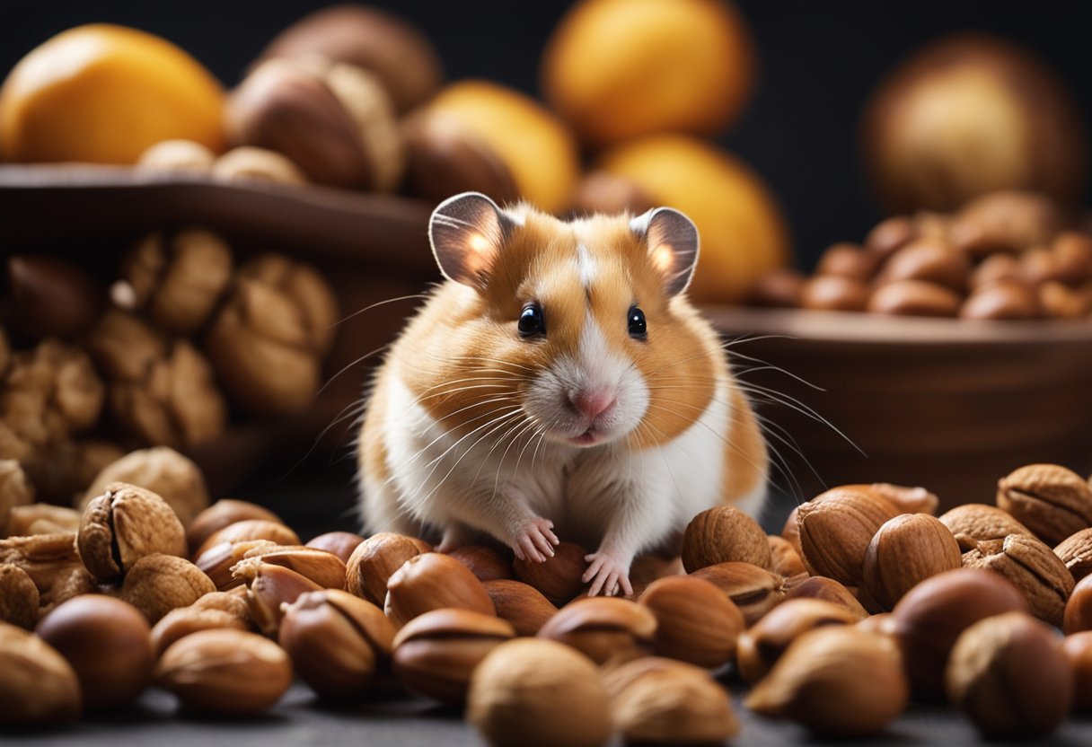 A hamster surrounded by various nuts, with a focus on a walnut