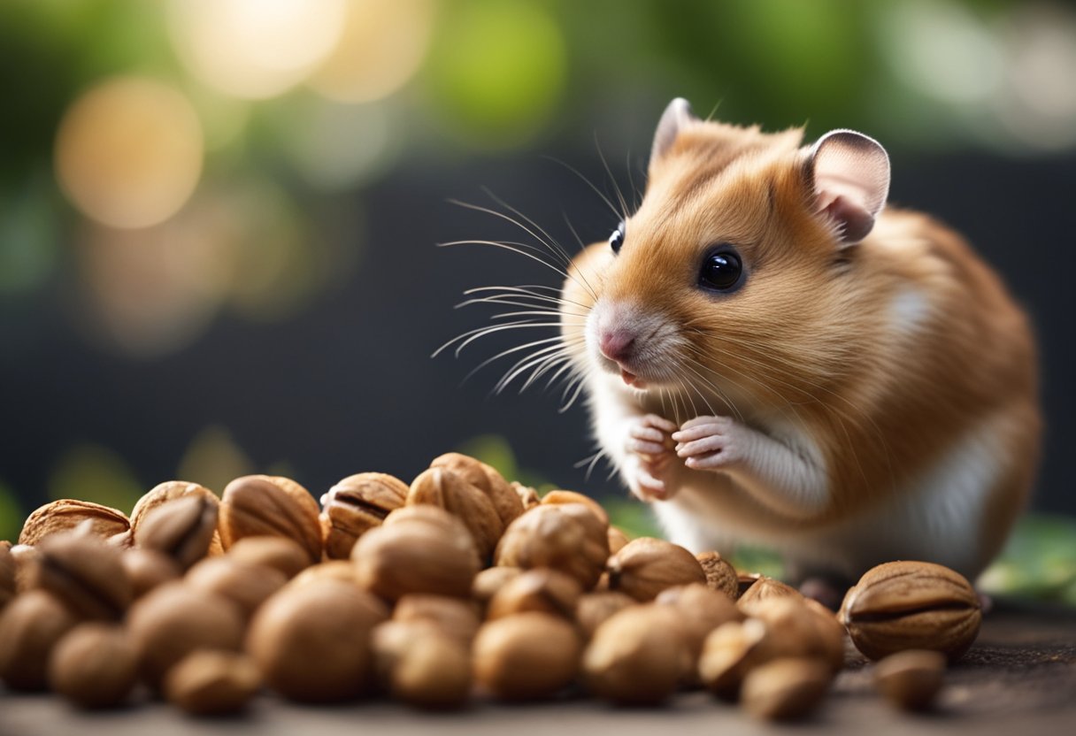 A curious hamster examines a pile of walnuts, sniffing and nibbling cautiously