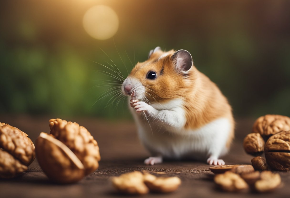 A curious hamster sniffs a walnut, its small paws reaching out to grasp the nut, while a question mark hovers above its head