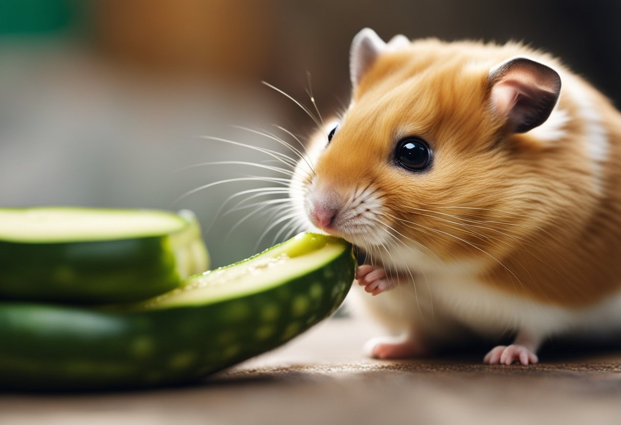 A hamster munches on a slice of zucchini, its tiny paws holding the vegetable as it nibbles away