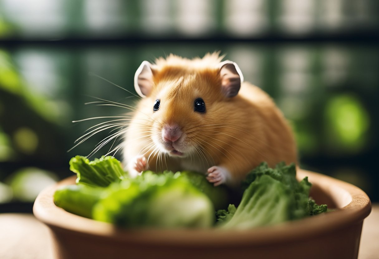 A hamster sits in its cage, nibbling on a piece of zucchini. The small rodent seems content as it munches on the green vegetable