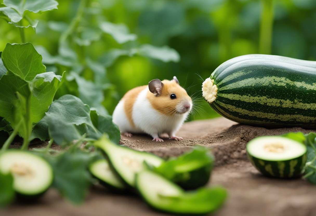 Zucchini and hamsters. A zucchini next to a curious hamster