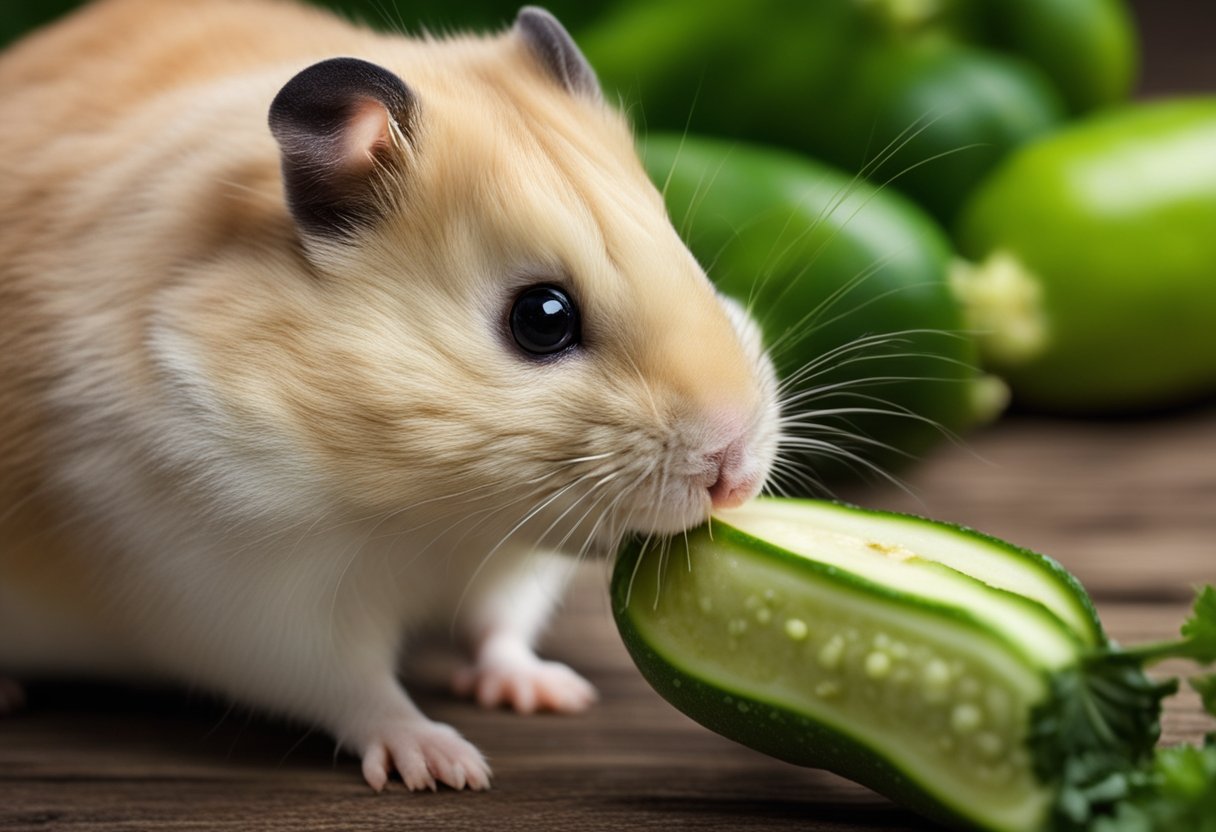 A hamster sniffs a fresh zucchini, its tiny paws holding the green vegetable as it nibbles on the juicy flesh