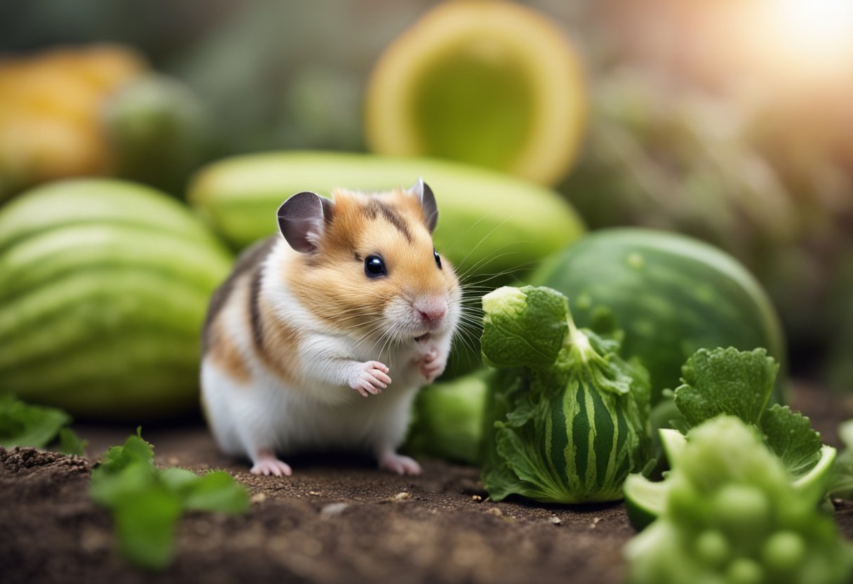 A hamster nibbles on a fresh zucchini, its tiny teeth making small indentations in the green skin