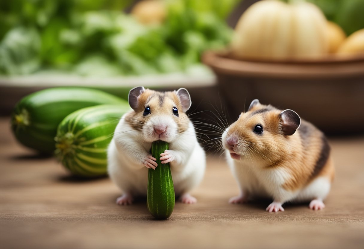 A curious hamster sniffs a fresh zucchini, while a question mark hovers above its head